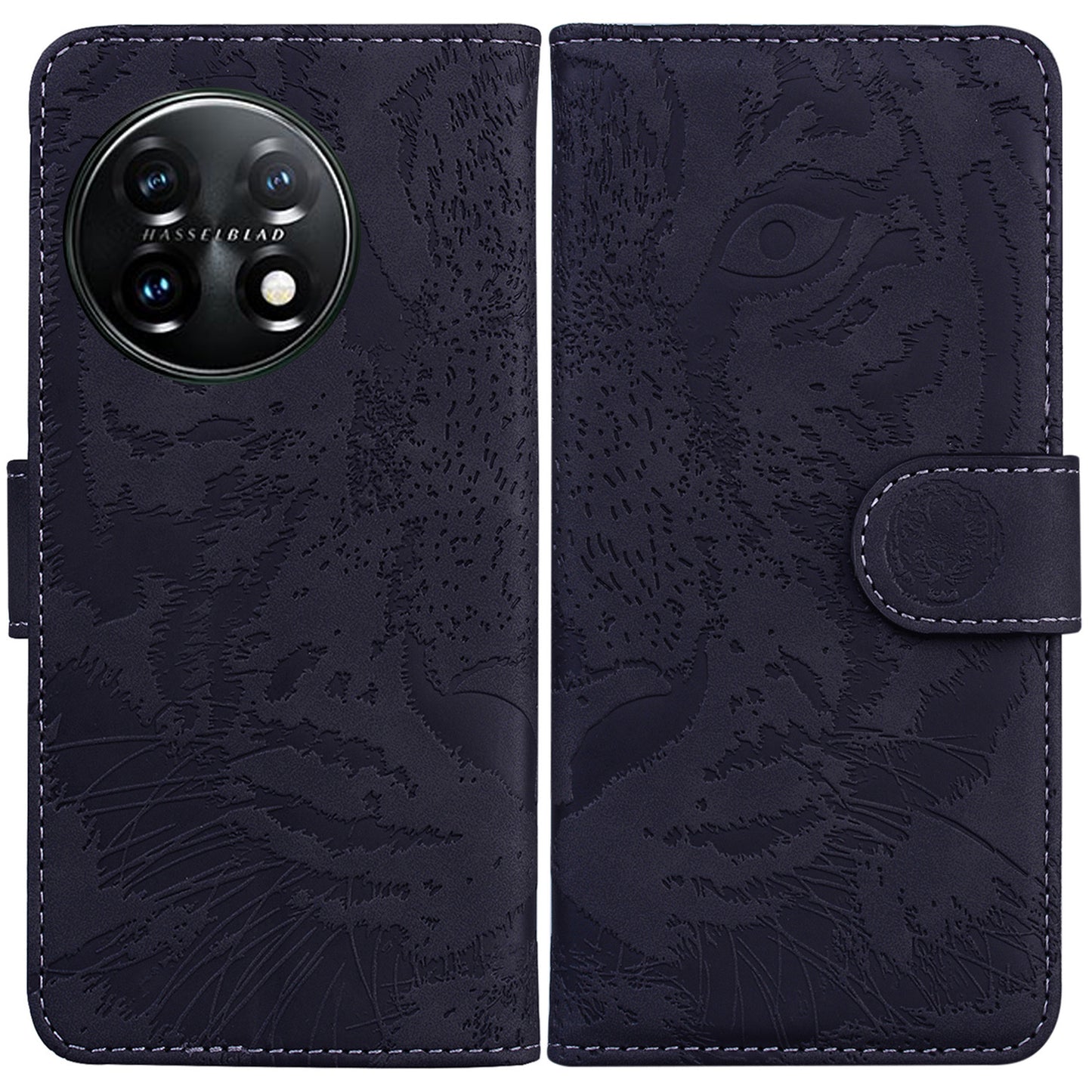 For OnePlus 11 5G Tiger Imprinted Cell Phone Cover PU Leather Wallet Stand Protective Phone Case - Black