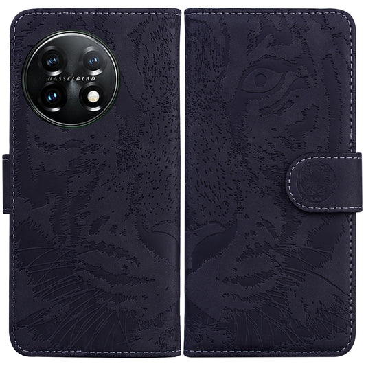 For OnePlus 11 5G Tiger Imprinted Cell Phone Cover PU Leather Wallet Stand Protective Phone Case - Black