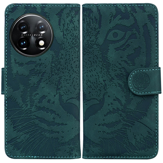 For OnePlus 11 5G Tiger Imprinted Cell Phone Cover PU Leather Wallet Stand Protective Phone Case - Green