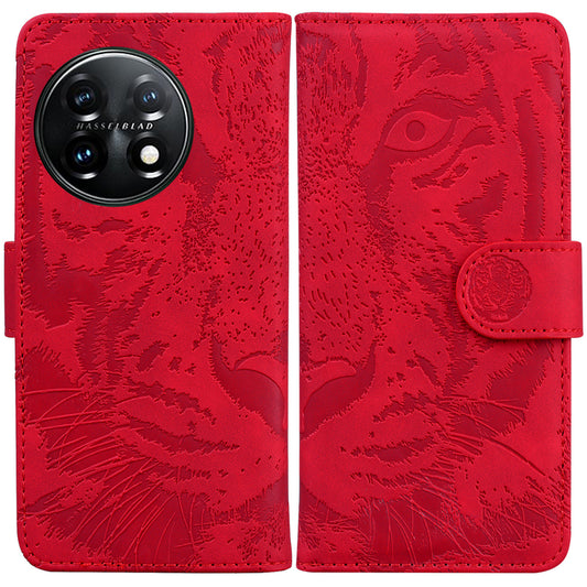 For OnePlus 11 5G Tiger Imprinted Cell Phone Cover PU Leather Wallet Stand Protective Phone Case - Red