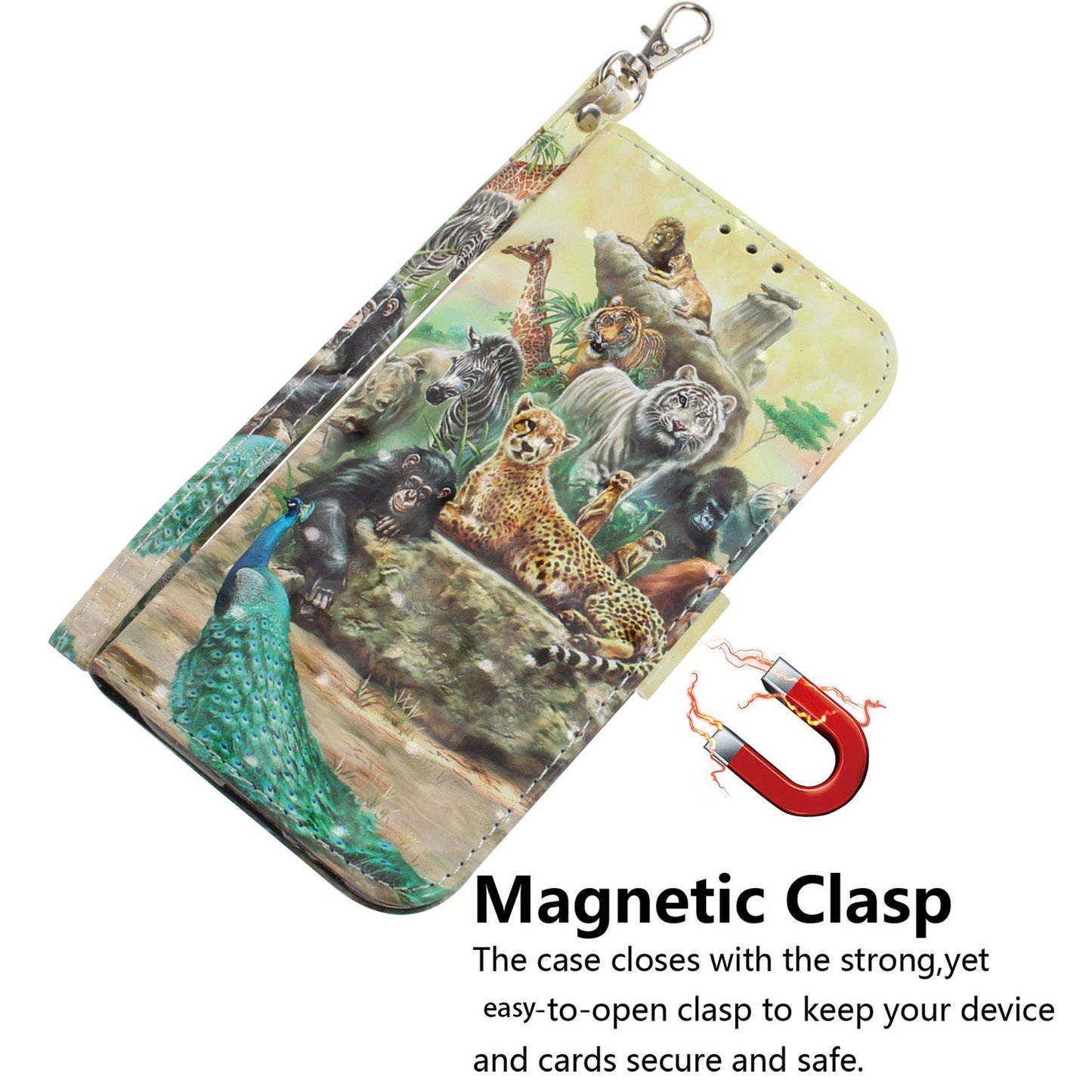 Anti-drop Cell Phone Cover for OnePlus 11 5G Pattern Printing Leather Wallet Phone Stand Case with Strap -  Animals