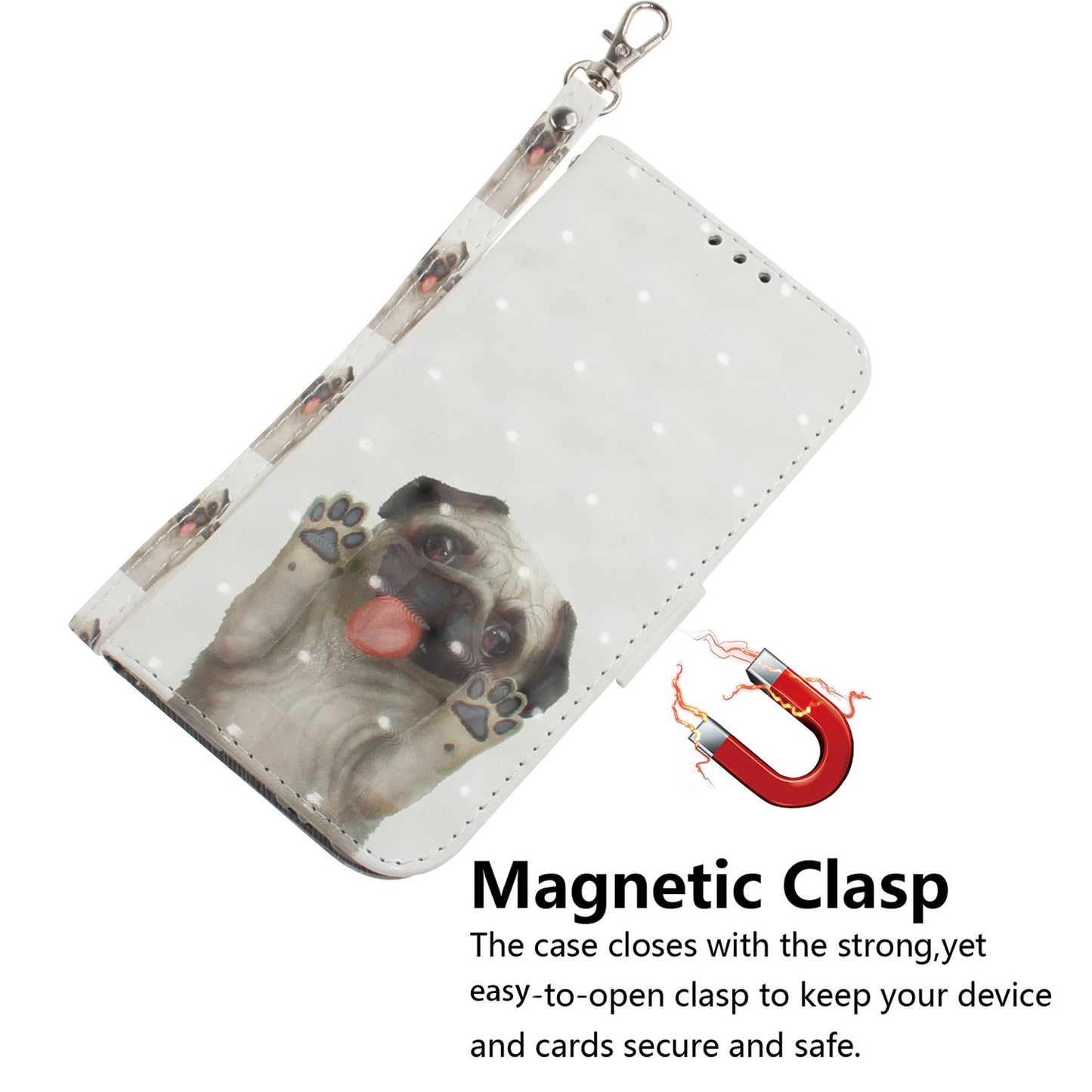 Anti-drop Cell Phone Cover for OnePlus 11 5G Pattern Printing Leather Wallet Phone Stand Case with Strap - Pug