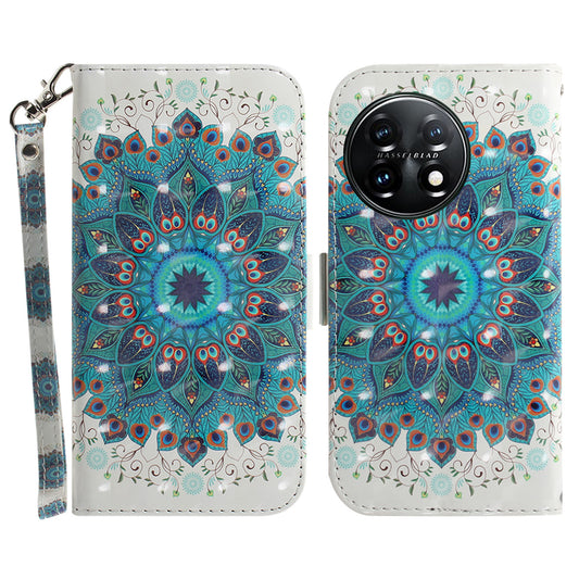 Anti-drop Cell Phone Cover for OnePlus 11 5G Pattern Printing Leather Wallet Phone Stand Case with Strap -  Peacock Wreath