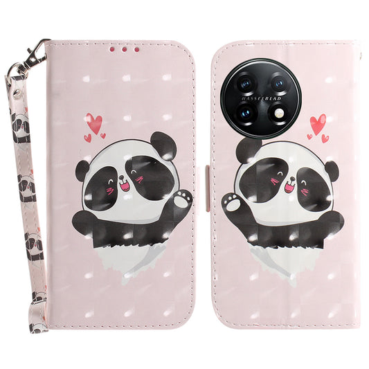 Anti-drop Cell Phone Cover for OnePlus 11 5G Pattern Printing Leather Wallet Phone Stand Case with Strap -  Love Heart Panda