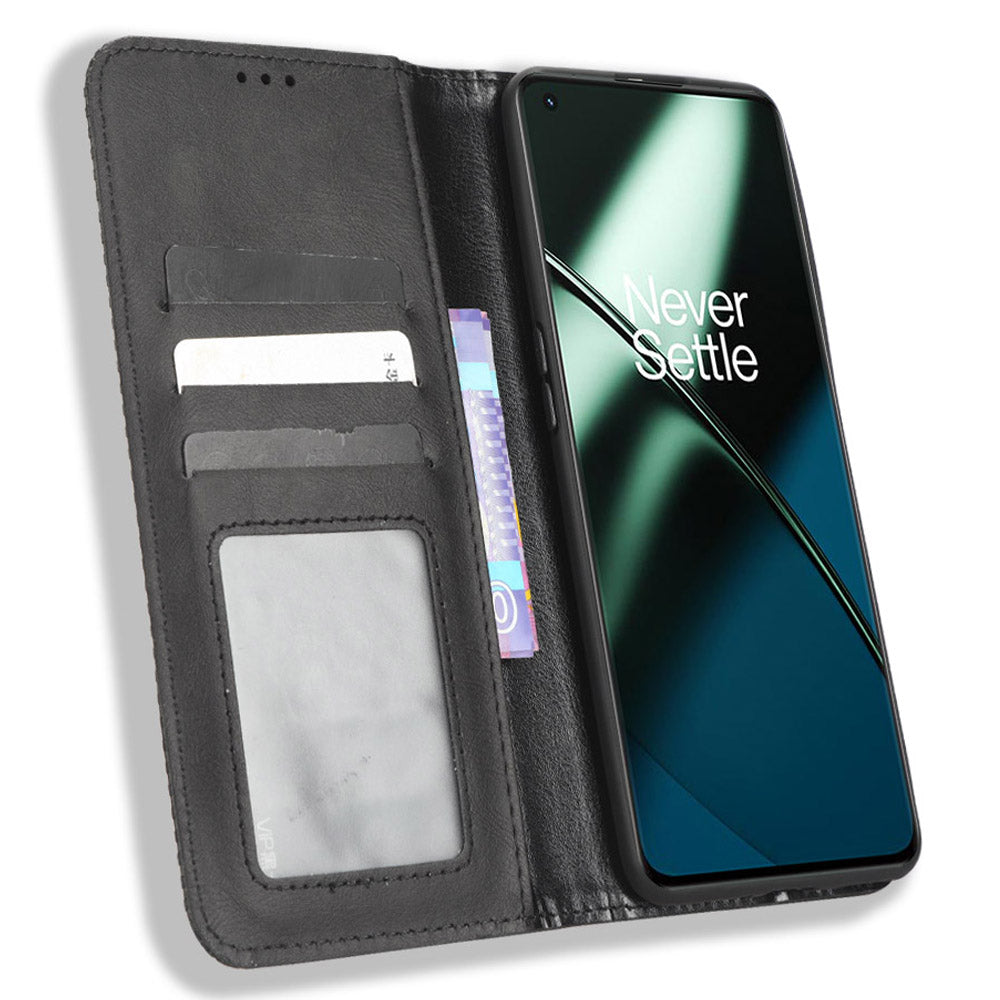 For OnePlus 11R 5G / Ace 2 5G PU Leather Wallet Phone Case Retro Magnetic Closing Stand Cover - Black