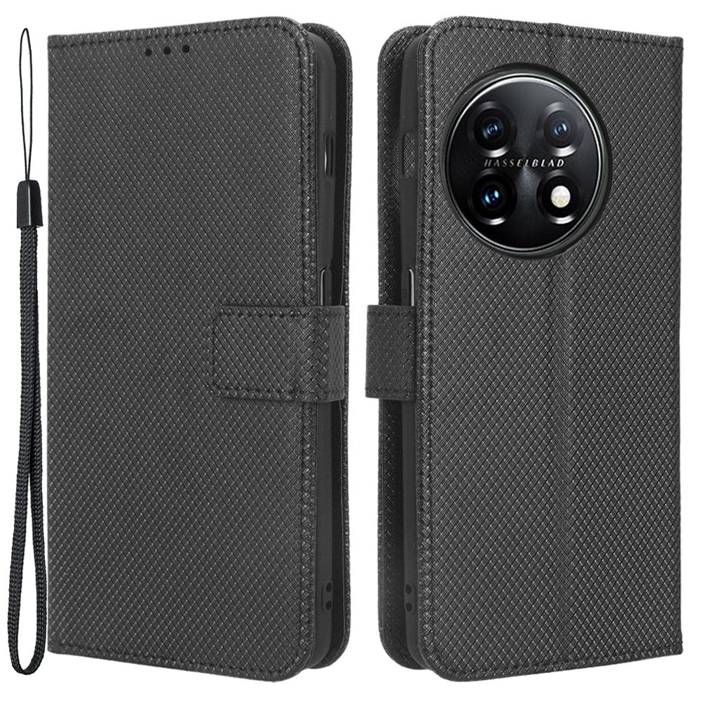 For OnePlus 11R 5G / Ace 2 5G Diamond Texture Stand Cover PU Leather Wallet Shockproof Phone Case - Black