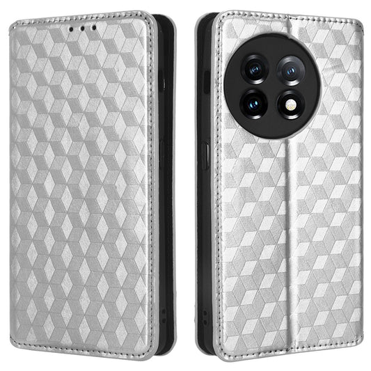 For OnePlus Ace 2 5G / 11R 5G Wallet Stand Phone Case PU Leather Imprinted Rhombus Pattern Phone Cover - Silver