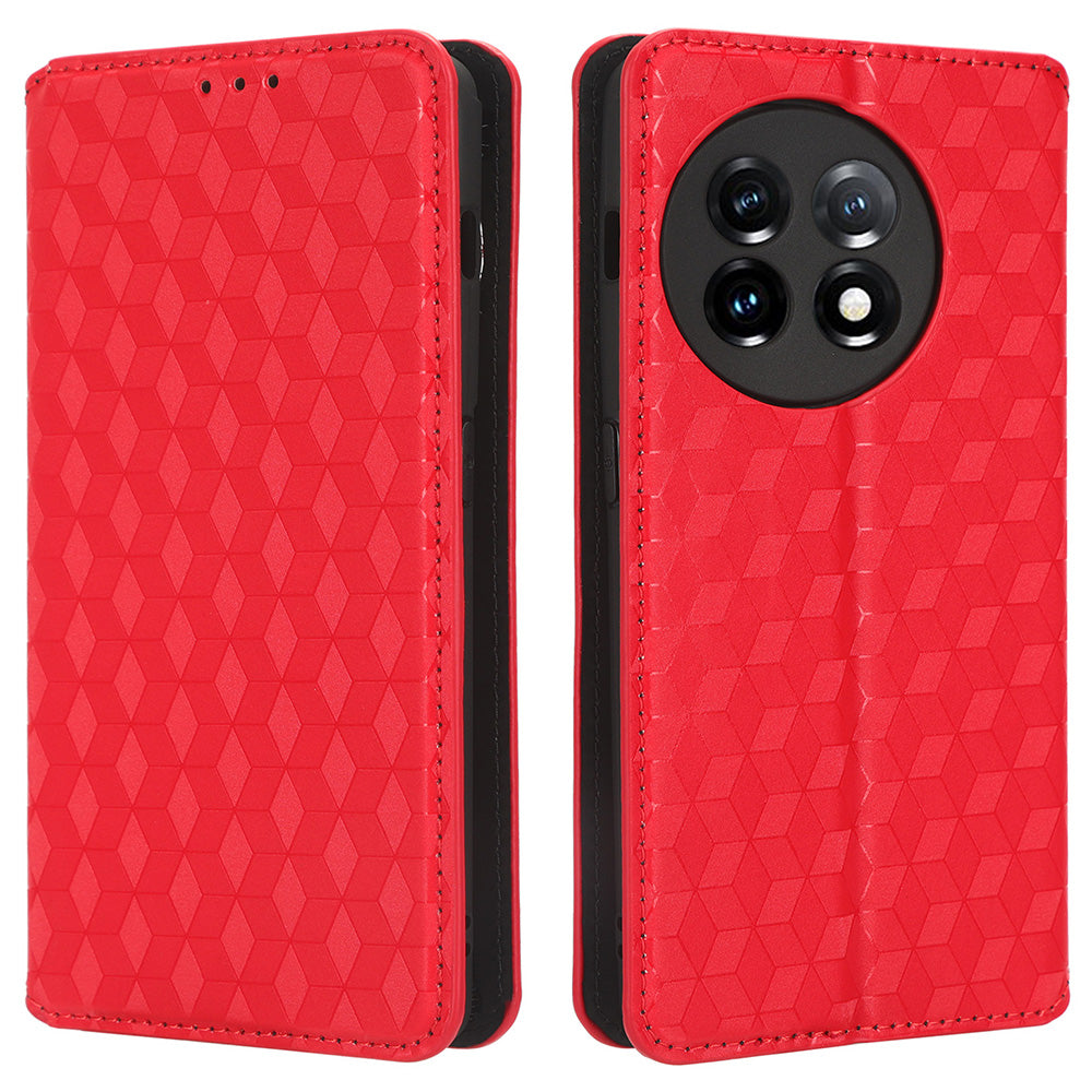 For OnePlus Ace 2 5G / 11R 5G Wallet Stand Phone Case PU Leather Imprinted Rhombus Pattern Phone Cover - Red