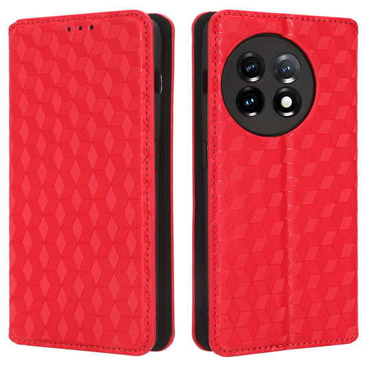 For OnePlus Ace 2 5G / 11R 5G Wallet Stand Phone Case PU Leather Imprinted Rhombus Pattern Phone Cover - Red