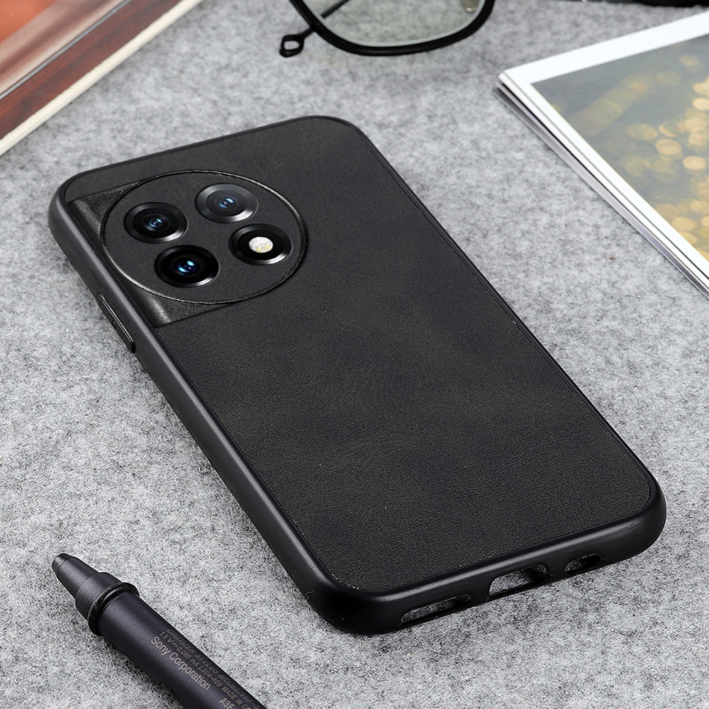 For OnePlus 11 5G PC+TPU+PU Leather Phone Case Cowhide Texture Anti-Scratch Back Cover - Black
