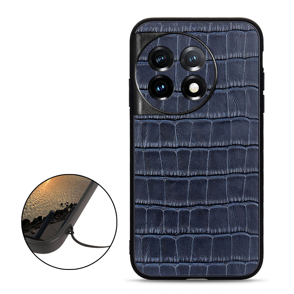 For OnePlus 11 5G Genuine Leather + TPU Crocodile Texture Phone Case Drop-proof Mobile Cover - Blue