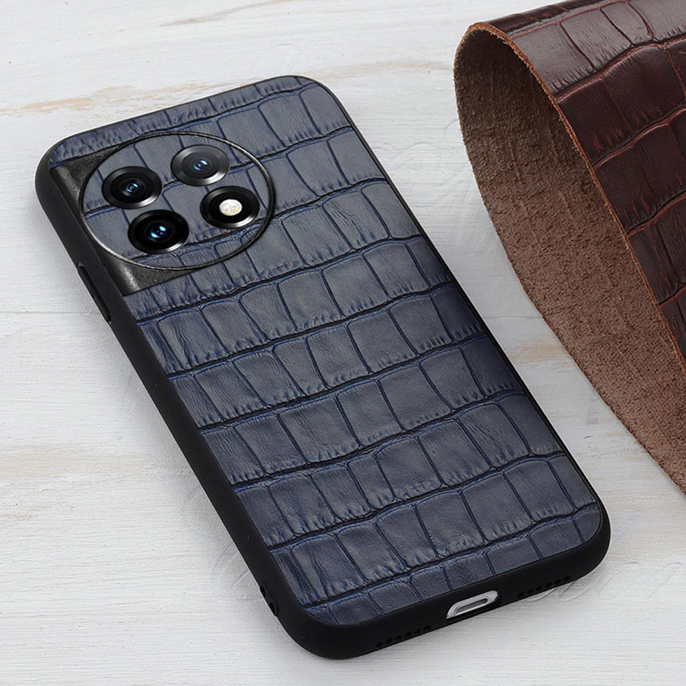For OnePlus 11 5G Genuine Leather + TPU Crocodile Texture Phone Case Drop-proof Mobile Cover - Blue