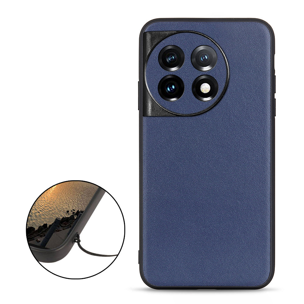 For OnePlus 11 5G Textured Genuine Leather Coated TPU Cover Drop Protection Phone Case - Blue