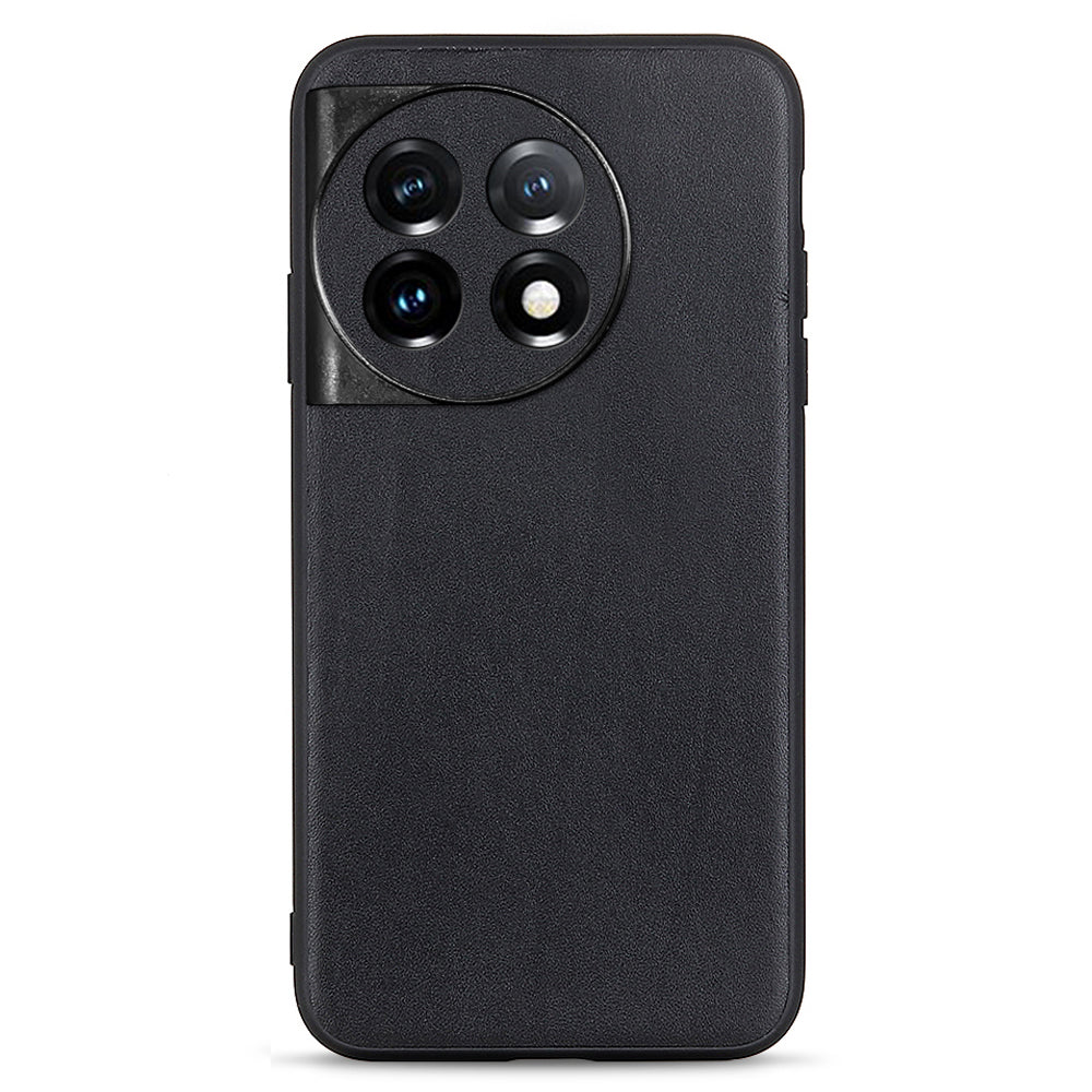 For OnePlus 11 5G Textured Genuine Leather Coated TPU Cover Drop Protection Phone Case - Black
