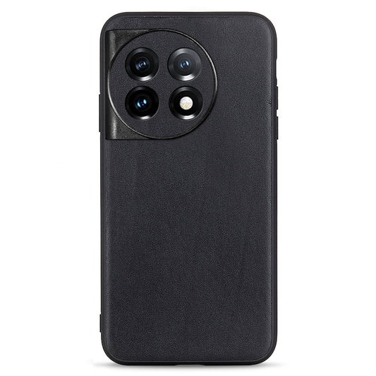 For OnePlus 11 5G Textured Genuine Leather Coated TPU Cover Drop Protection Phone Case - Black