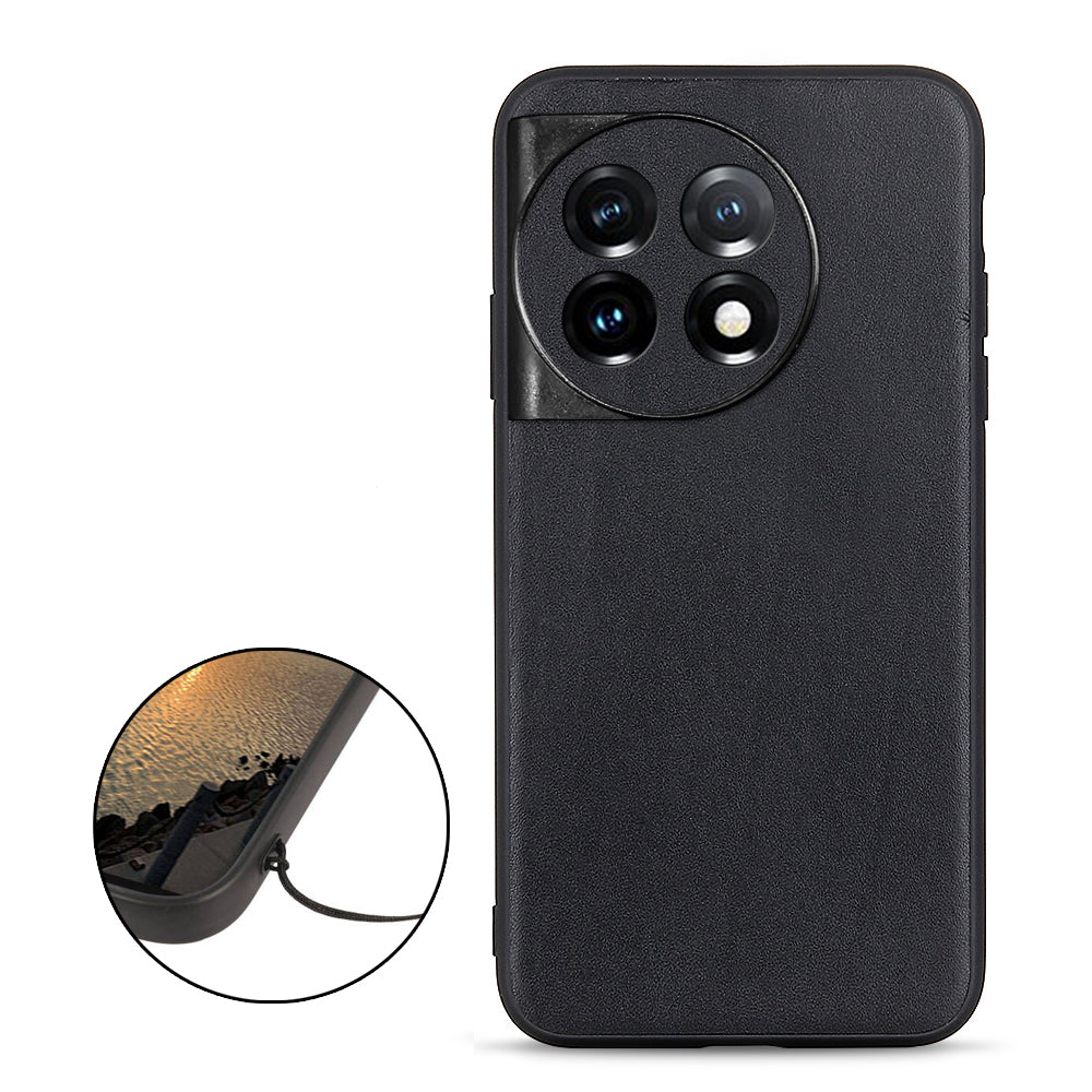For OnePlus 11 5G Textured Genuine Leather Coated TPU Cover Drop Protection Phone Case - Black