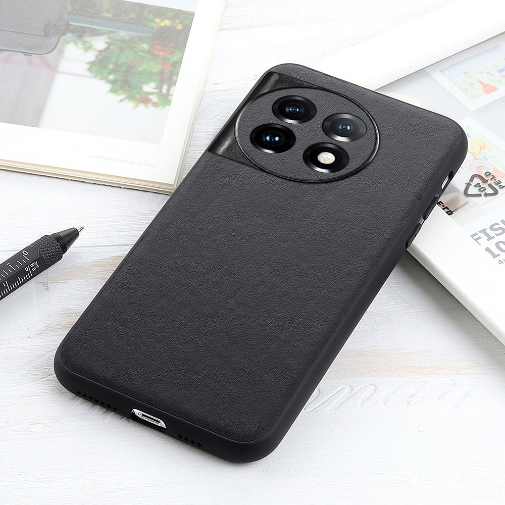 For OnePlus 11 5G Textured Genuine Leather Coated TPU Cover Drop Protection Phone Case - Black