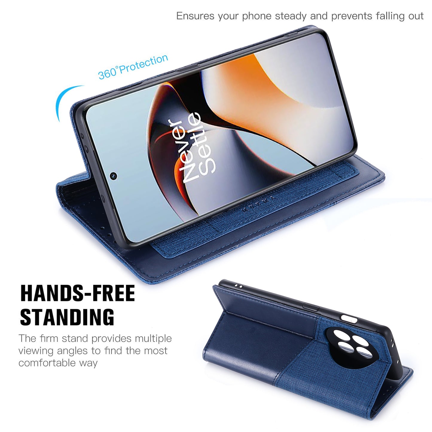 MUXMA MX109 RFID Blocking Phone Case for OnePlus 11R 5G / Ace 2 5G , PU Leather Magnetic Wallet Cover Stand - Blue