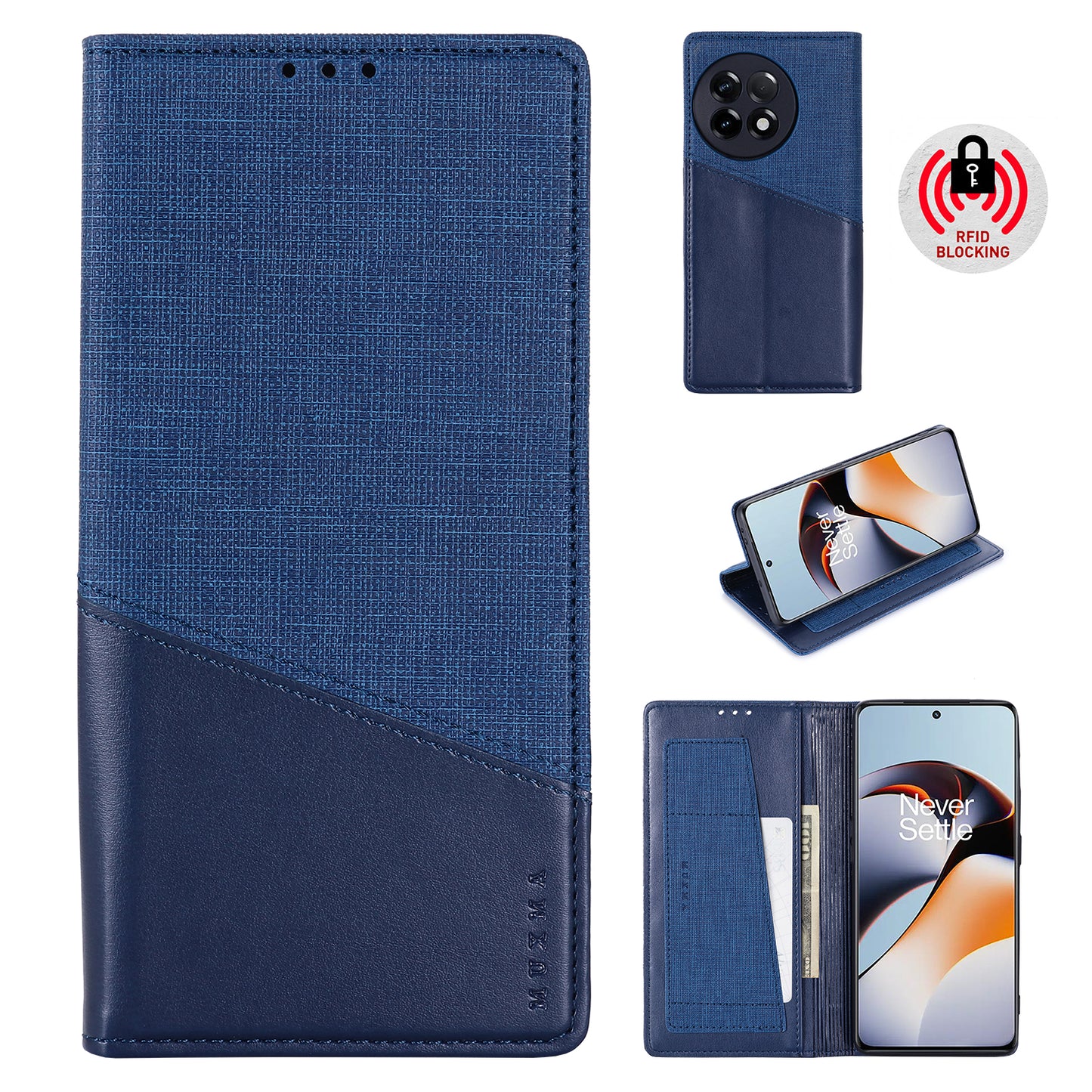 MUXMA MX109 RFID Blocking Phone Case for OnePlus 11R 5G / Ace 2 5G , PU Leather Magnetic Wallet Cover Stand - Blue