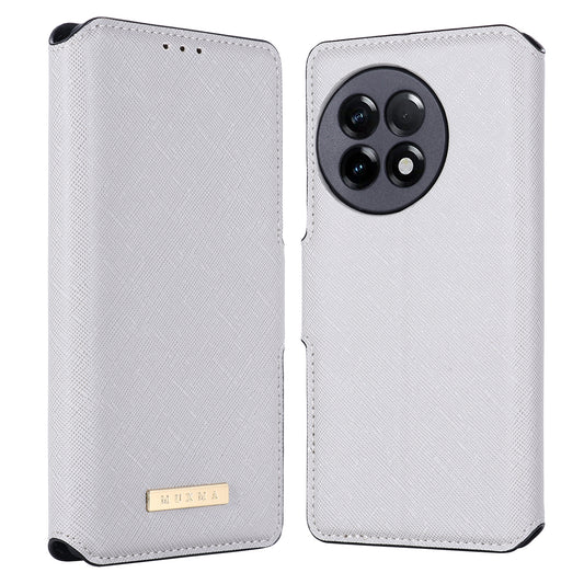 MUXMA MX115 Cross Texture Phone Case for OnePlus 11R 5G / Ace 2 5G , PU Leather Stand Wallet Flip Cover - White