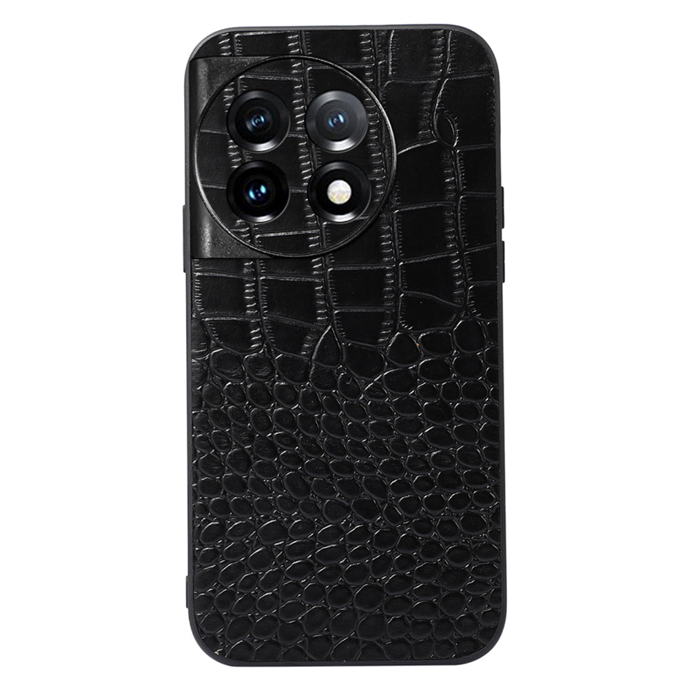For OnePlus Ace 2 5G / 11R 5G Phone Cover, Genuine Cowhide Leather Coated PC+TPU Crocodile Texture Case - Black