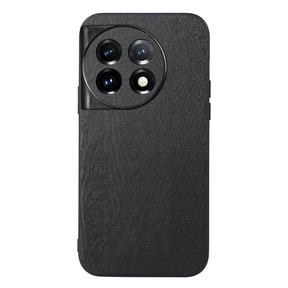 For OnePlus 11 5G Wood Grain Anti-Fingerprint Phone Cover PU Leather+PC+TPU Phone Case - Black