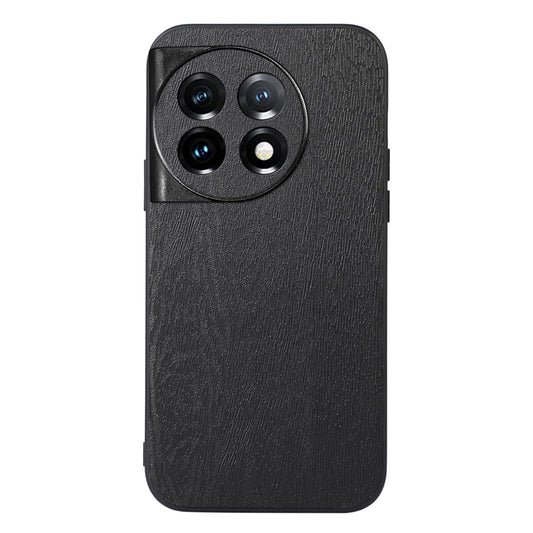 For OnePlus 11 5G Wood Grain Anti-Fingerprint Phone Cover PU Leather+PC+TPU Phone Case - Black