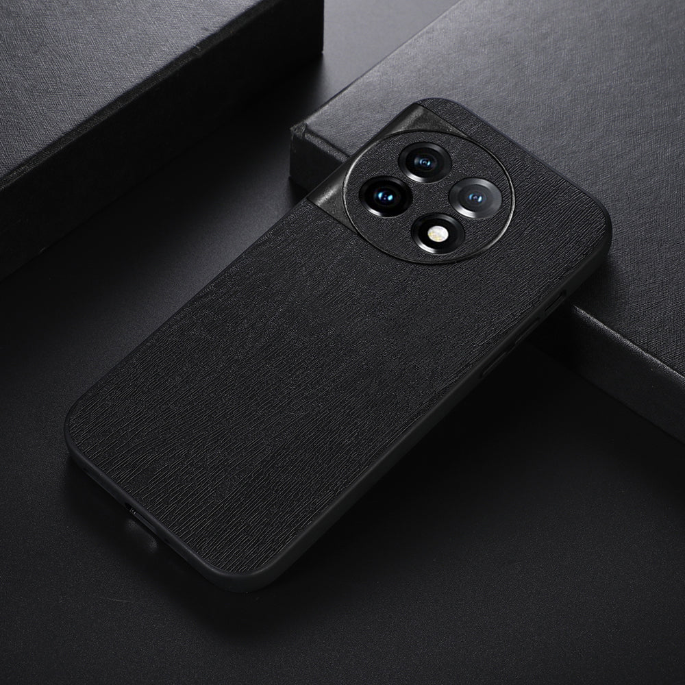For OnePlus 11 5G Wood Grain Anti-Fingerprint Phone Cover PU Leather+PC+TPU Phone Case - Black