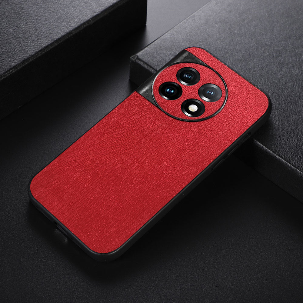 For OnePlus 11 5G Wood Grain Anti-Fingerprint Phone Cover PU Leather+PC+TPU Phone Case - Red