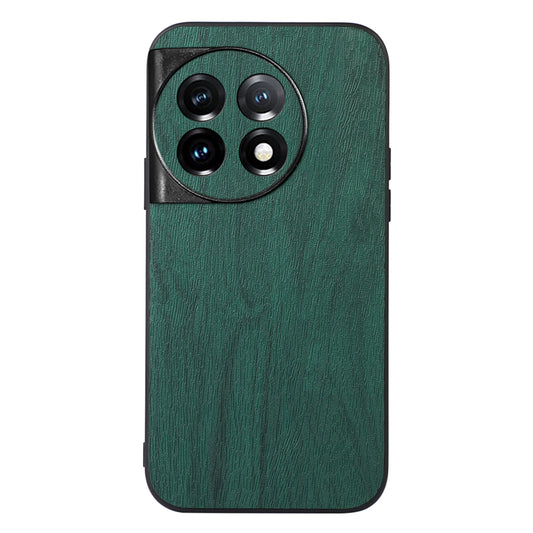 For OnePlus 11 5G Wood Grain Anti-Fingerprint Phone Cover PU Leather+PC+TPU Phone Case - Green