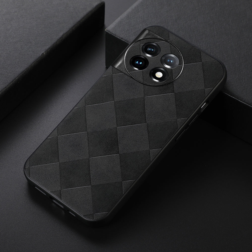 PC+TPU+PU Leather Phone Cover for OnePlus 11 5G , Anti-Scratch Grid Texture Cell Phone Case - Black