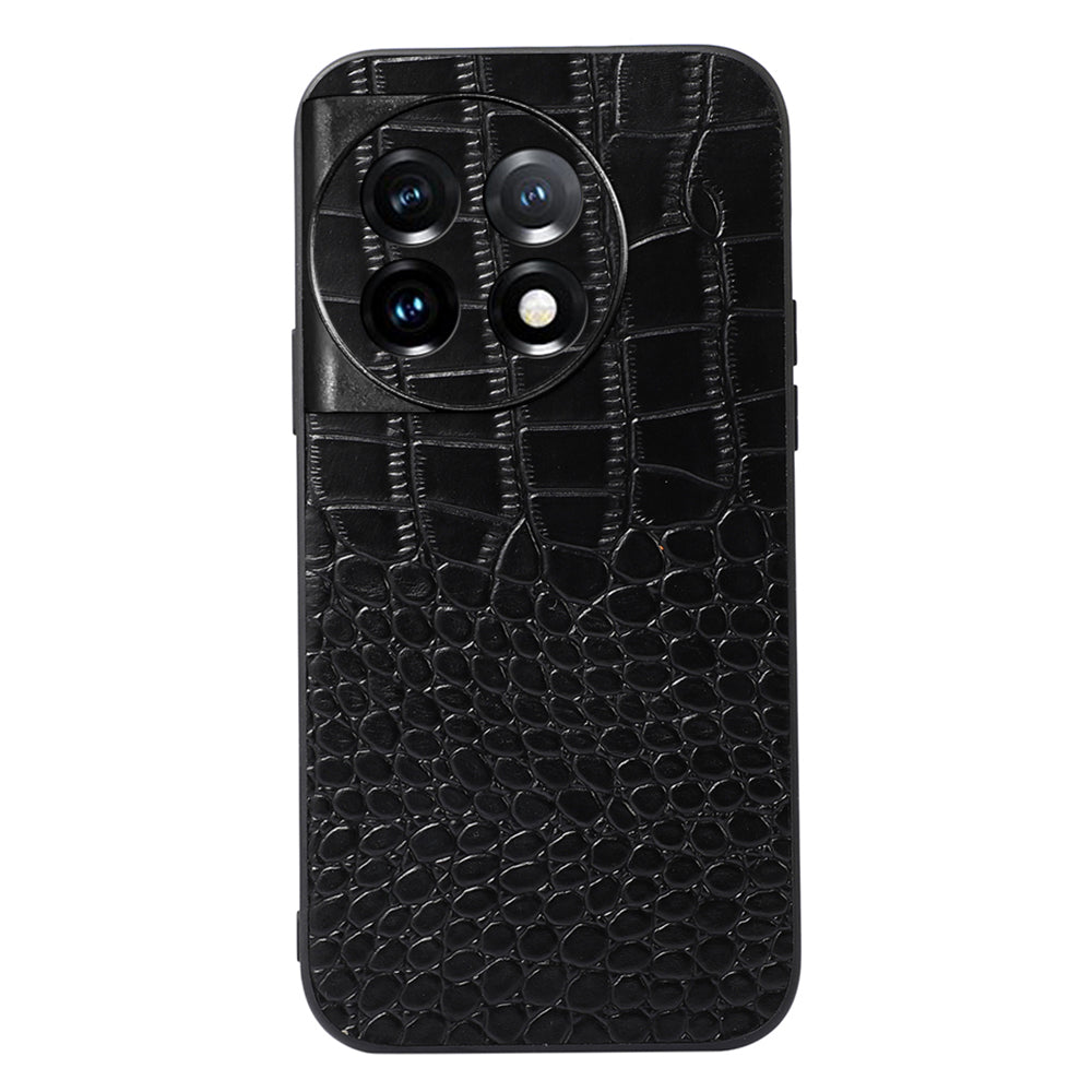 For OnePlus 11 5G Crocodile Texture Phone Case Genuine Cowhide Leather Coated PC+TPU Anti-Scratch Shell - Black