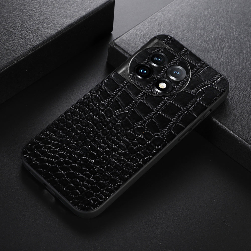 For OnePlus 11 5G Crocodile Texture Phone Case Genuine Cowhide Leather Coated PC+TPU Anti-Scratch Shell - Black