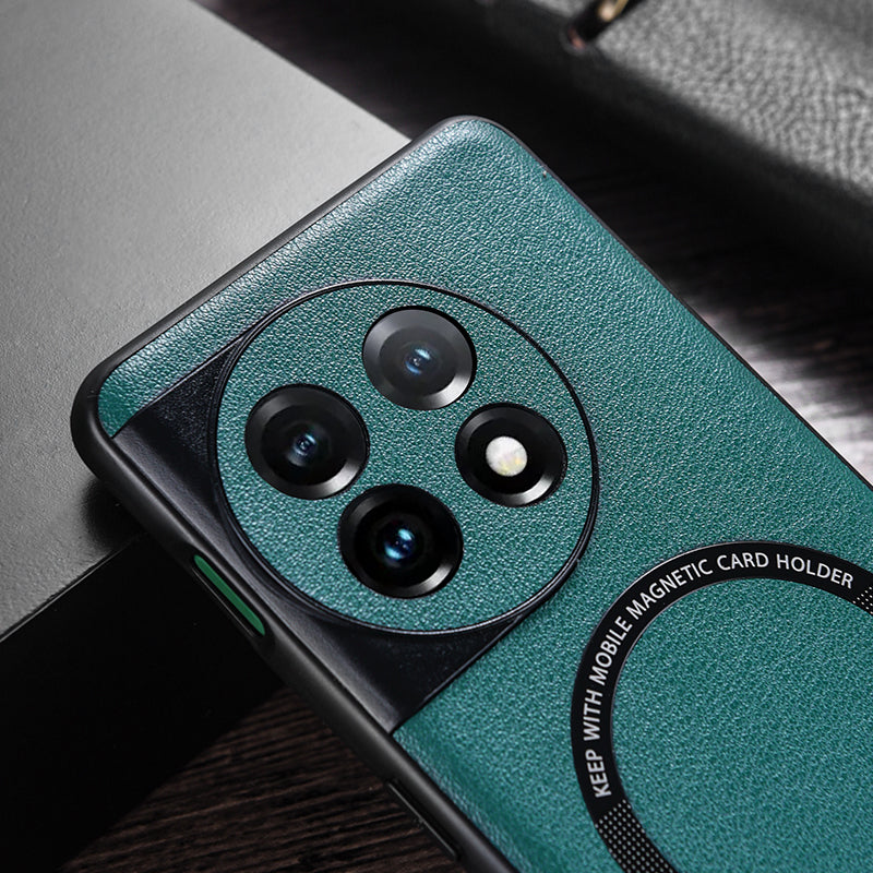 Compatible with MagSafe Charger Case for OnePlus 11 5G PU Leather Coated TPU+PC Phone Back Cover - Green