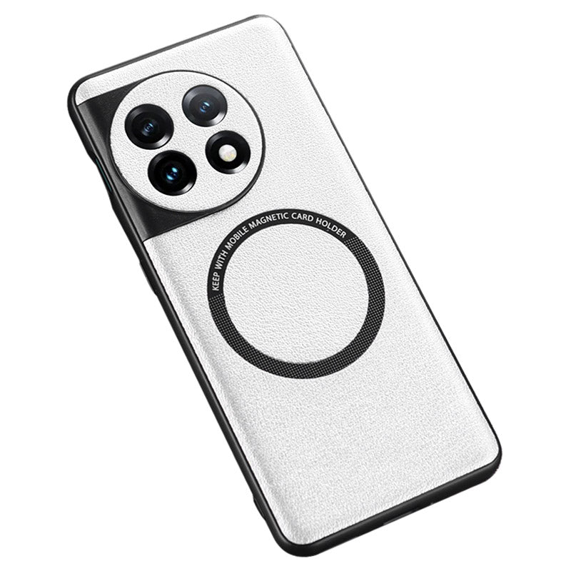 Compatible with MagSafe Charger Case for OnePlus 11 5G PU Leather Coated TPU+PC Phone Back Cover - White