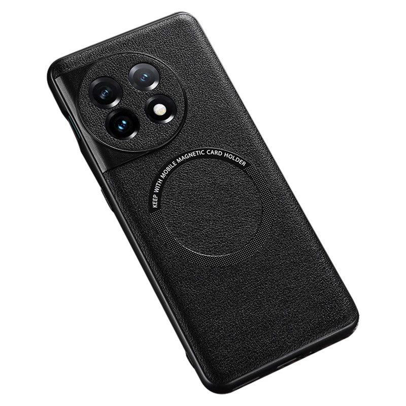 Compatible with MagSafe Charger Case for OnePlus 11 5G PU Leather Coated TPU+PC Phone Back Cover - Black