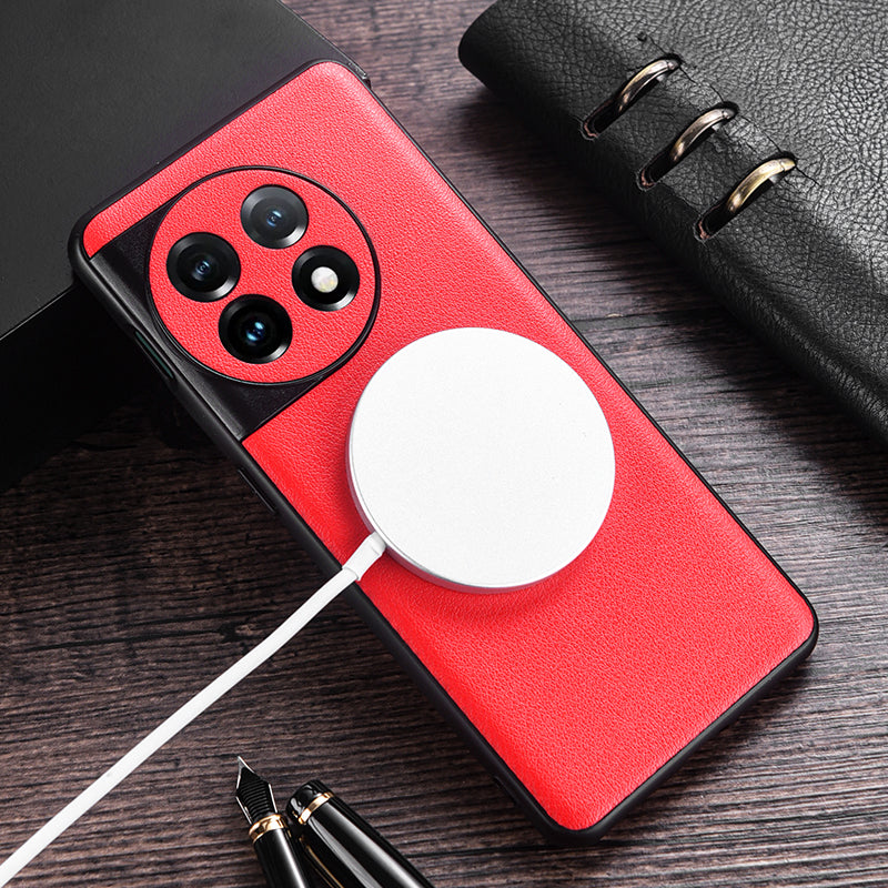 Compatible with MagSafe Charger Case for OnePlus 11 5G PU Leather Coated TPU+PC Phone Back Cover - Black