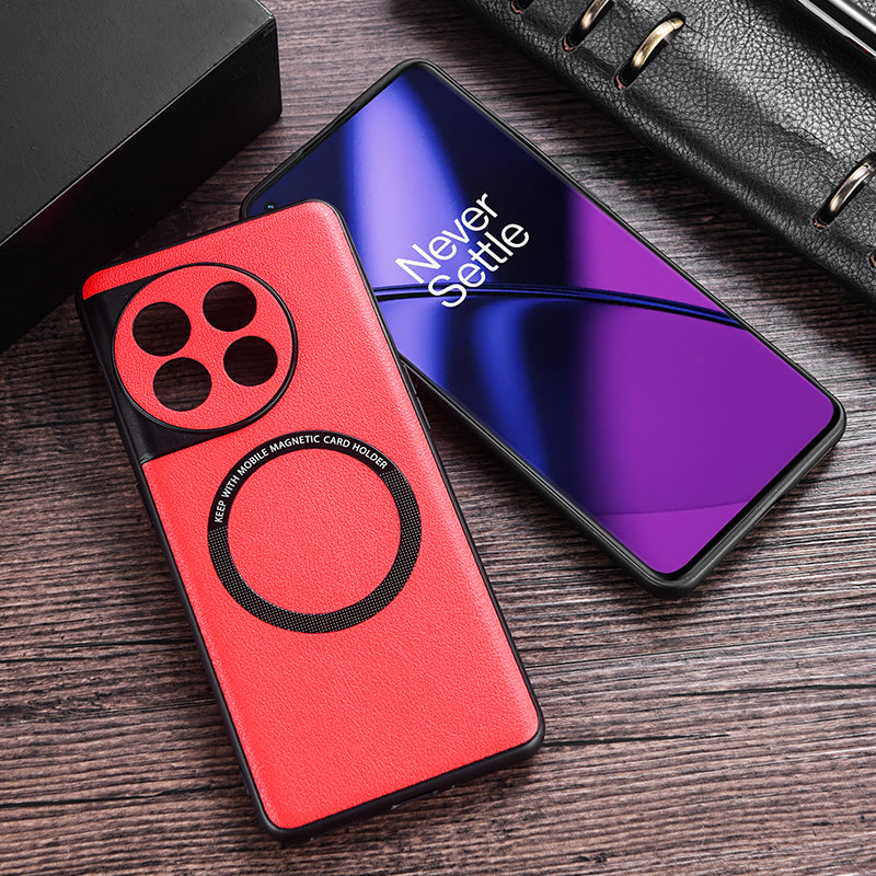 Compatible with MagSafe Charger Case for OnePlus 11 5G PU Leather Coated TPU+PC Phone Back Cover - Black