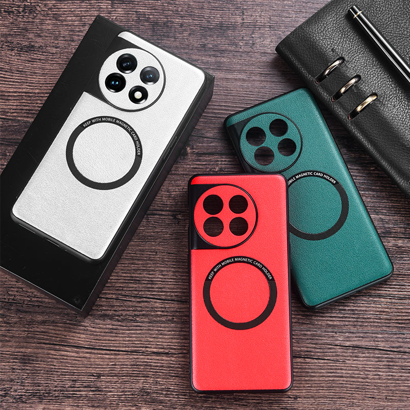 Compatible with MagSafe Charger Case for OnePlus 11 5G PU Leather Coated TPU+PC Phone Back Cover - Black