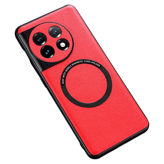 Compatible with MagSafe Charger Case for OnePlus 11 5G PU Leather Coated TPU+PC Phone Back Cover - Red