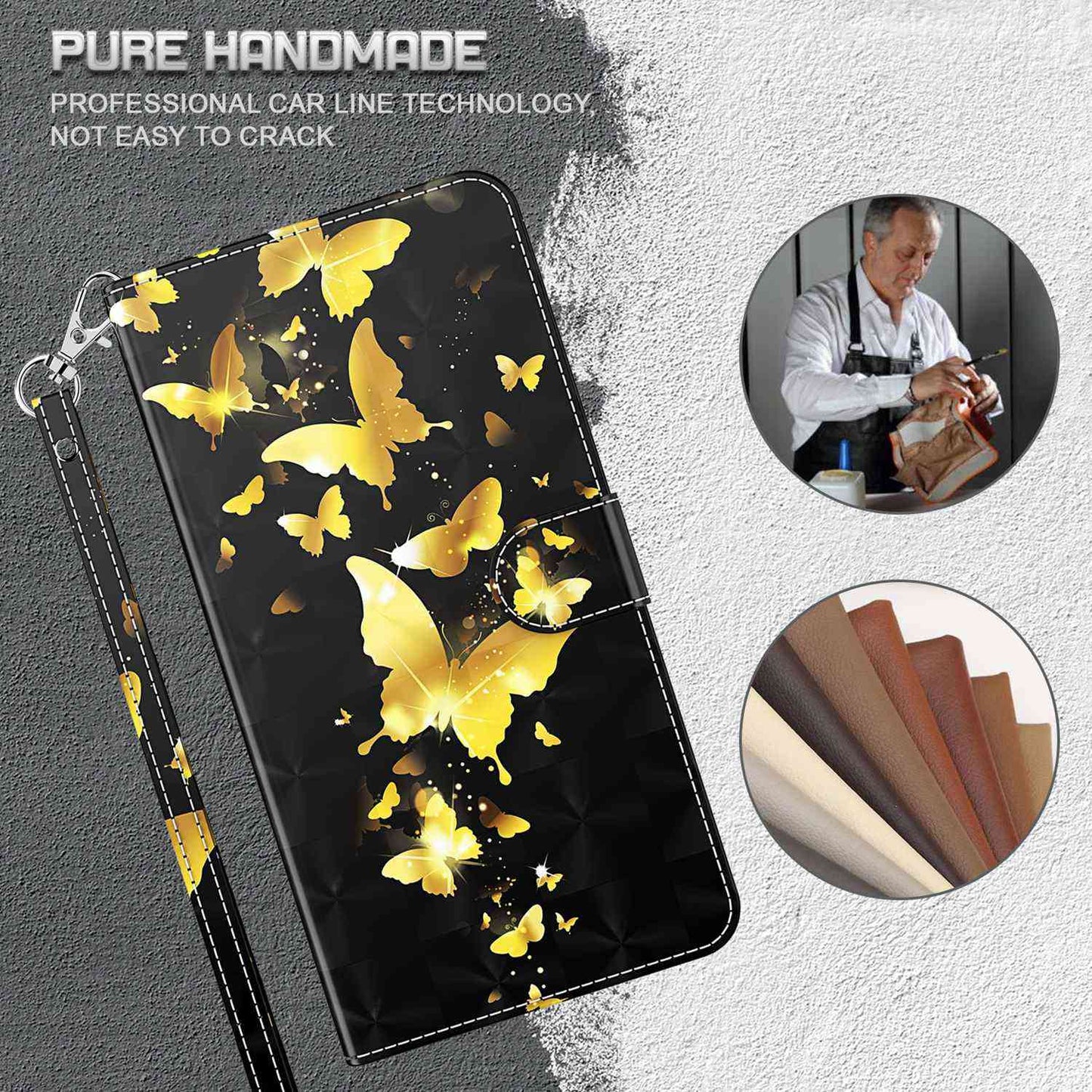 For OnePlus 11 5G PU Leather 3D Pattern Printing Phone Case Flip Wallet Stand Protective Cover - Golden Butterflies