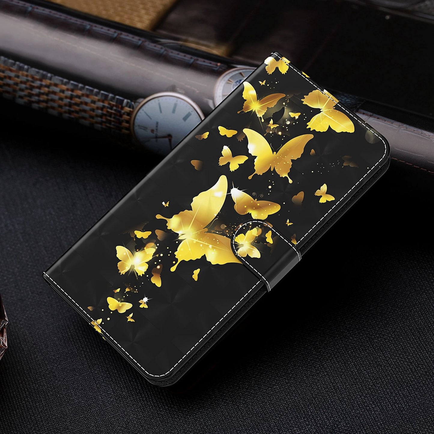 For OnePlus 11 5G PU Leather 3D Pattern Printing Phone Case Flip Wallet Stand Protective Cover - Golden Butterflies