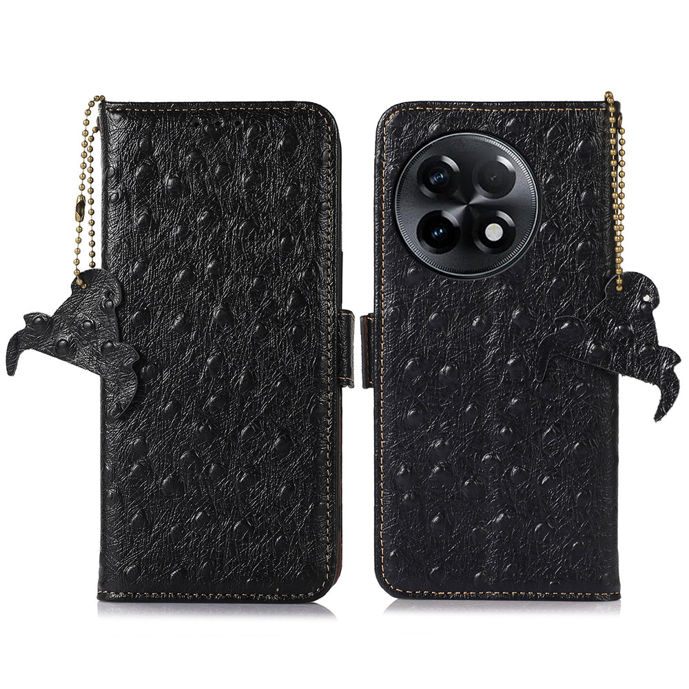 For OnePlus Ace 2 5G / 11R 5G RFID Blocking Wallet Protective Cover Ostrich Pattern Cowhide Leather Phone Case with Stand - Black