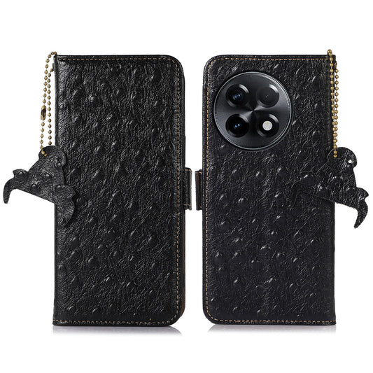 For OnePlus Ace 2 5G / 11R 5G RFID Blocking Wallet Protective Cover Ostrich Pattern Cowhide Leather Phone Case with Stand - Black
