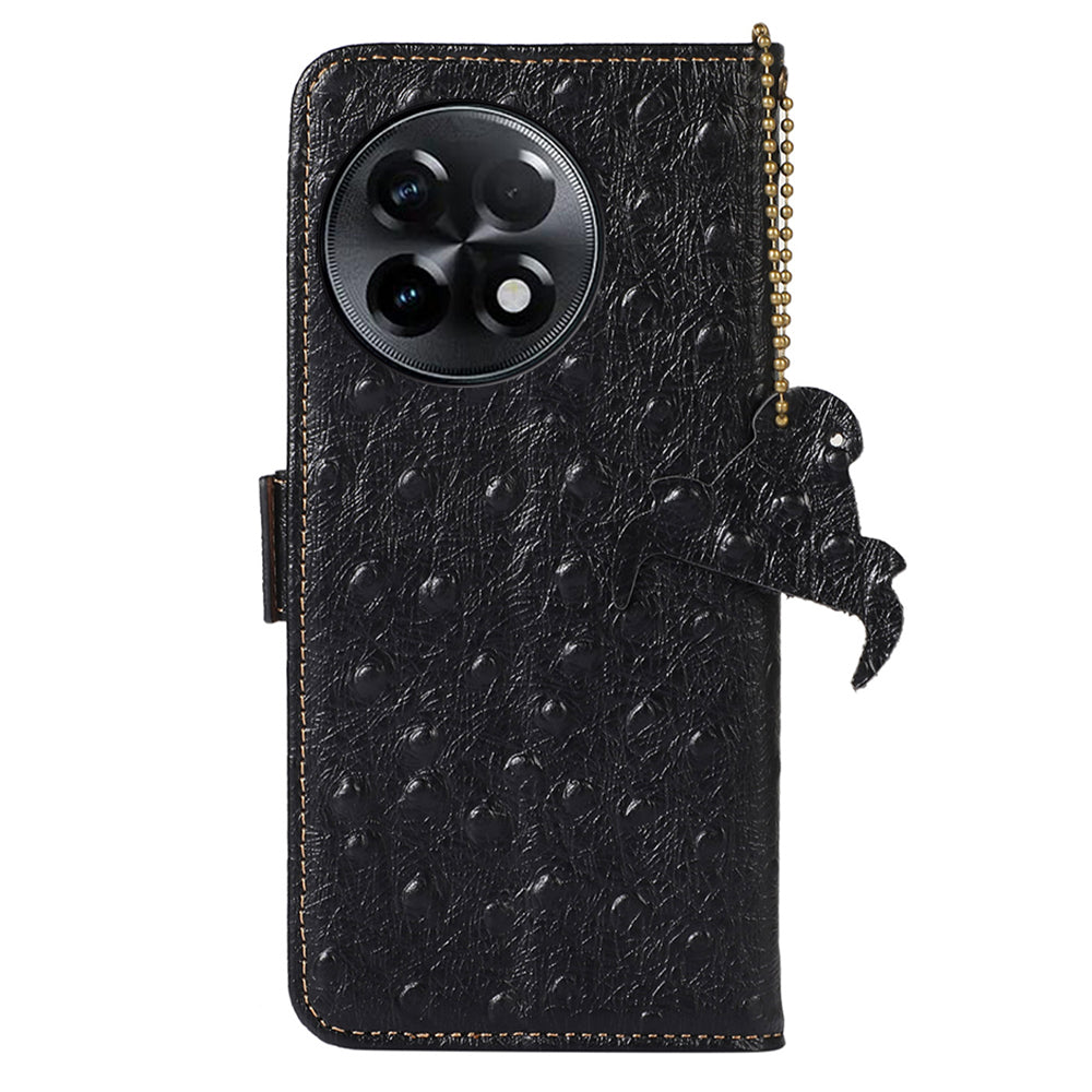 For OnePlus Ace 2 5G / 11R 5G RFID Blocking Wallet Protective Cover Ostrich Pattern Cowhide Leather Phone Case with Stand - Black