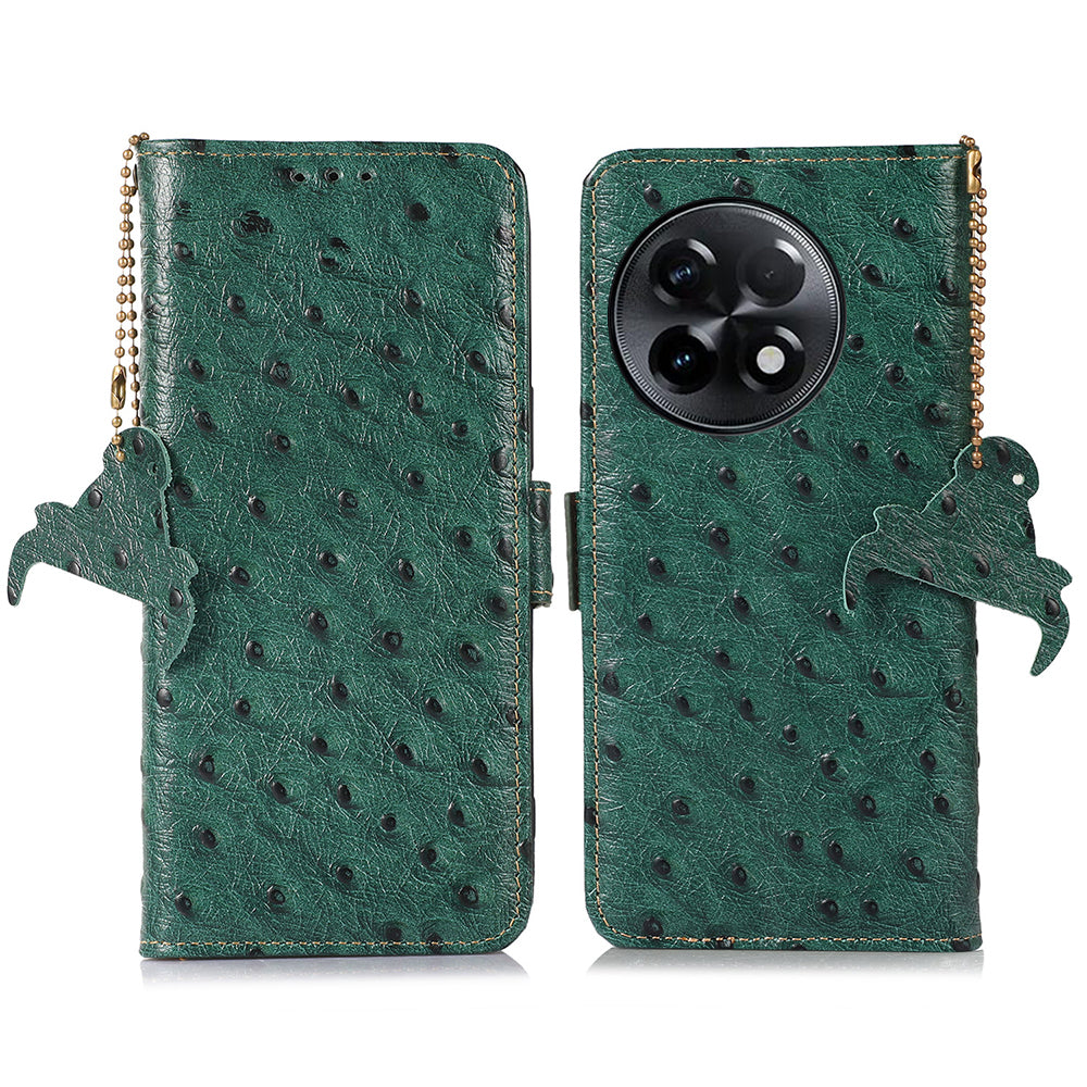 For OnePlus Ace 2 5G / 11R 5G RFID Blocking Wallet Protective Cover Ostrich Pattern Cowhide Leather Phone Case with Stand - Green