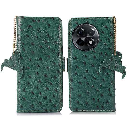 For OnePlus Ace 2 5G / 11R 5G RFID Blocking Wallet Protective Cover Ostrich Pattern Cowhide Leather Phone Case with Stand - Green