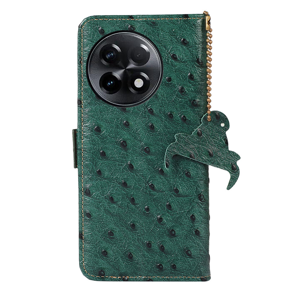For OnePlus Ace 2 5G / 11R 5G RFID Blocking Wallet Protective Cover Ostrich Pattern Cowhide Leather Phone Case with Stand - Green