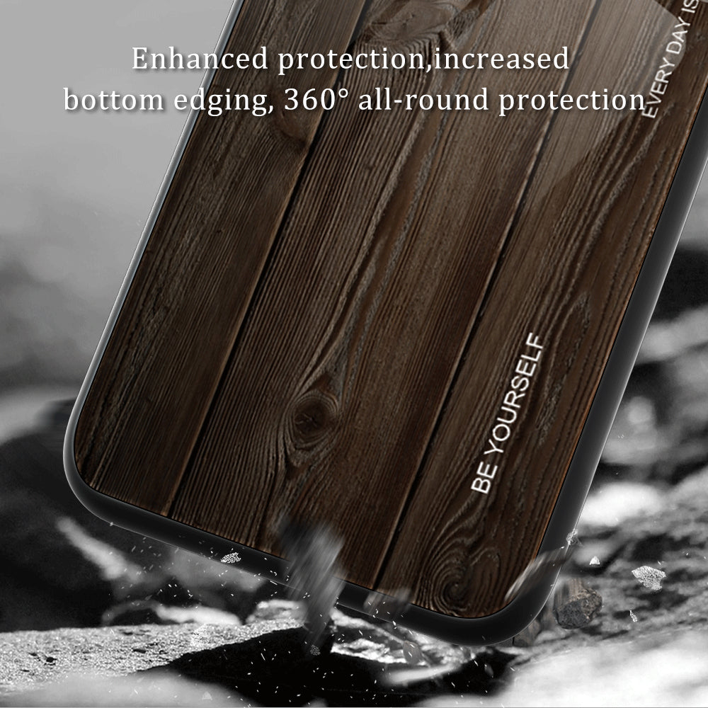 For OnePlus 11 5G Wooden Pattern Anti-fall Phone Case Tempered Glass + TPU Protective Cover - Black