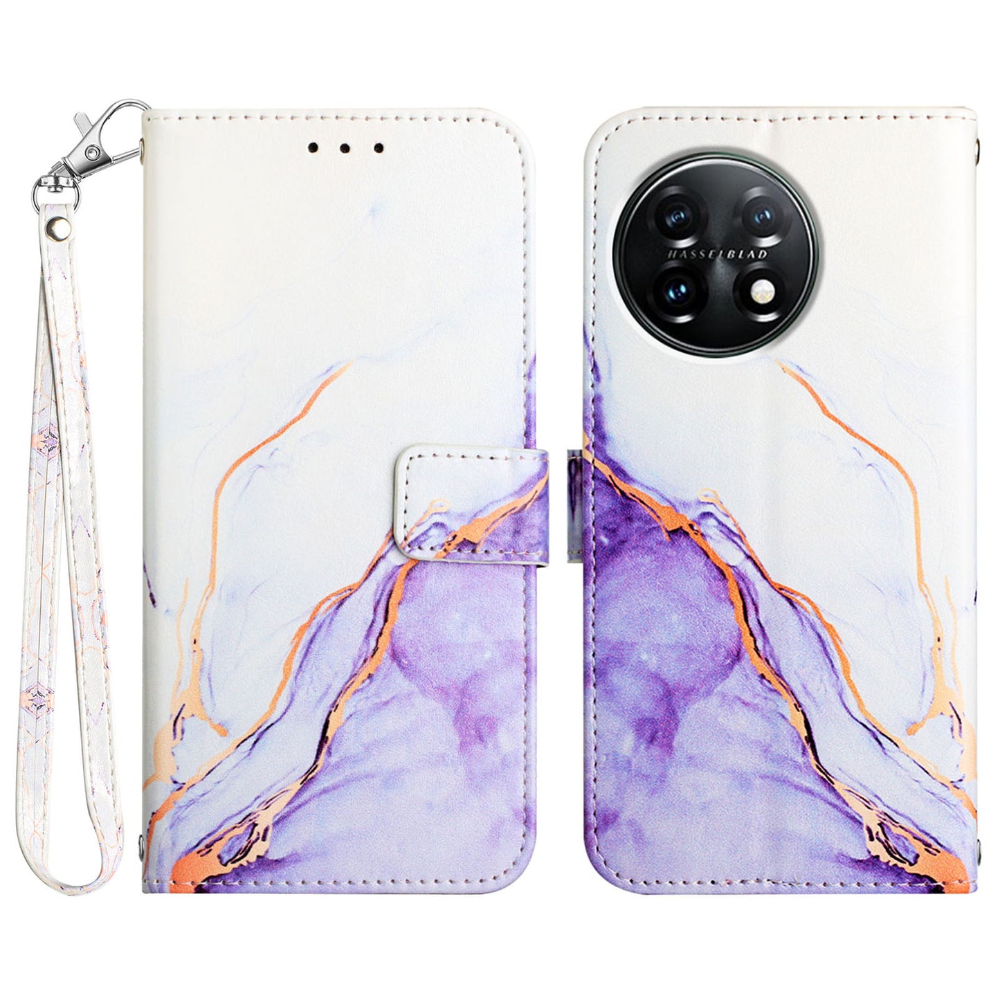 YB Pattern Printing Leather Series-5 For OnePlus 11 5G Marble Pattern Protective Cover Phone Case Wallet - White / Purple 006